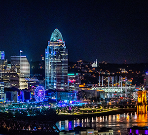 downtown cincinnati building lit up at night