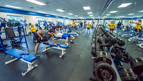 students lifting in weight room