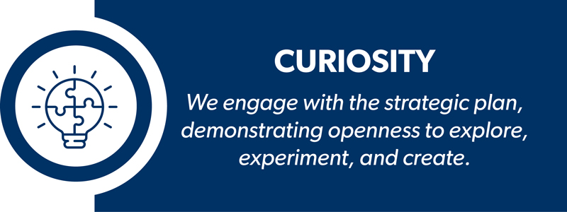 Curiosity, engaging with the strategic plan, demonstrating an openness to explore, experiment, and create.