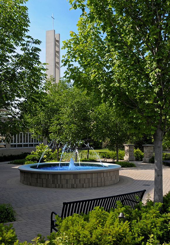 MSJ fountain outside Seton Center East building.