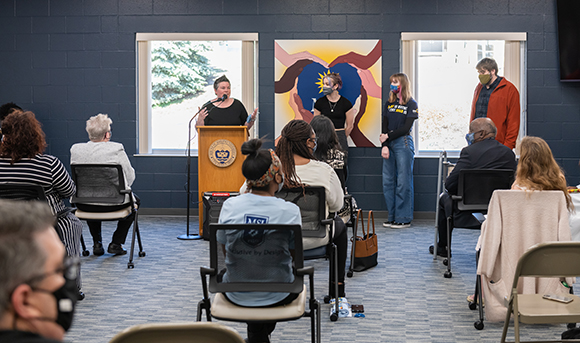 Mount faculty, staff, and students gathered in the Mosaic Center