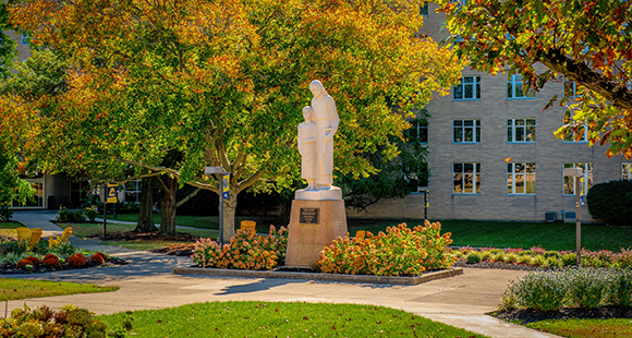 msj quad with st. joseph statue during fall
