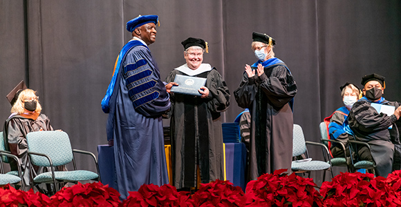 Sister Patricia Hayden on stage for Commencement