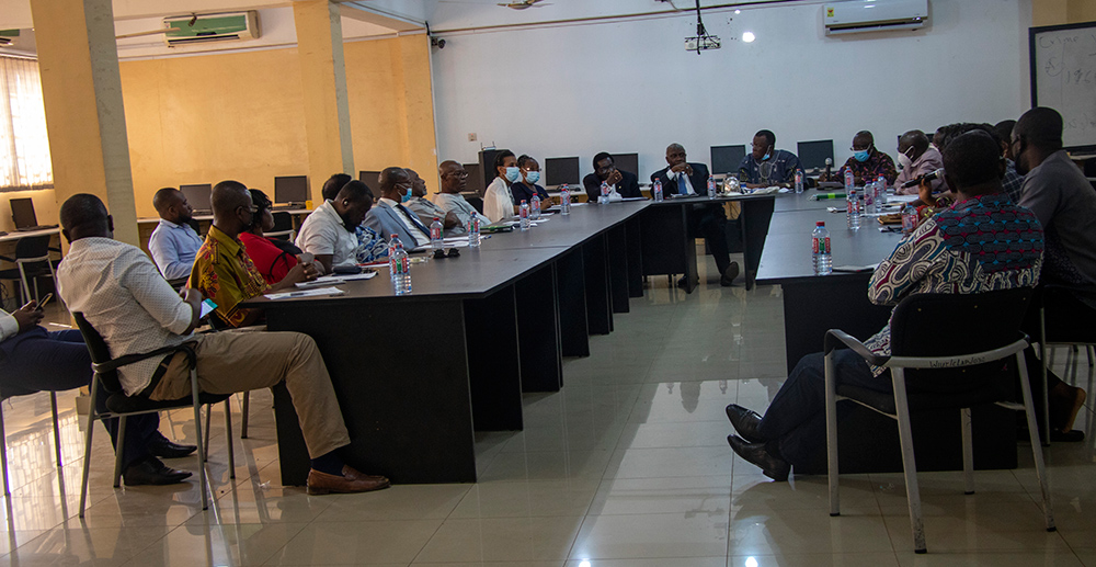 MSJ staff in Ghana college classroom to discuss partnerships for future.