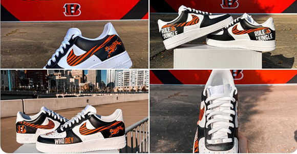 twitter photo of custom bengals shoes created by devin young, MSJ student athlete.