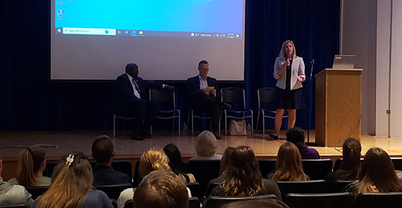 Ohio State Representative Cindy Abrams and State Senator Louis Blessing III presenting in Mount St. Joseph University's Recital Hall for Healthcare Policy class.